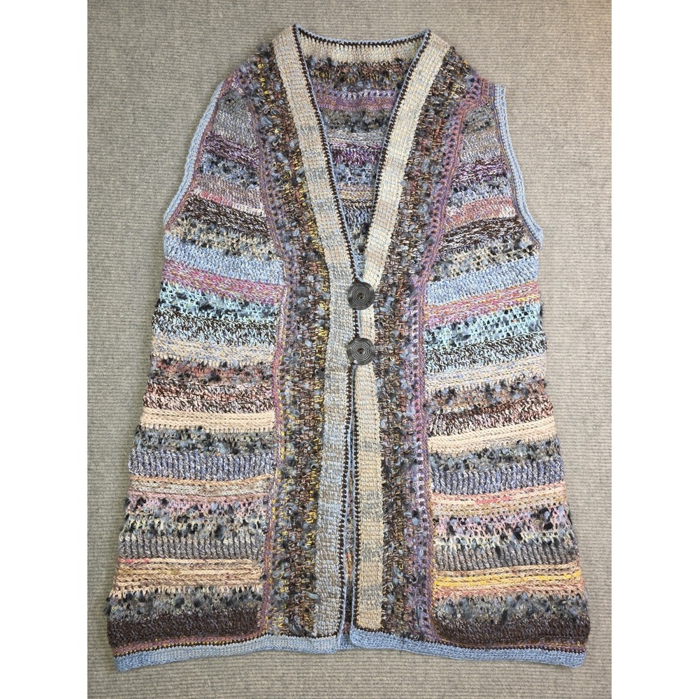 Hand Knitted Crochet Sleeveless Long Sweater Vest Multicolor Chunky Button